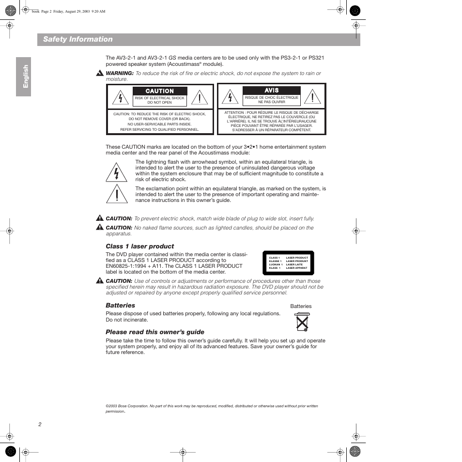 Safety information | Bose 3•2•1  Home Entertainment Systems User Manual | Page 2 / 64
