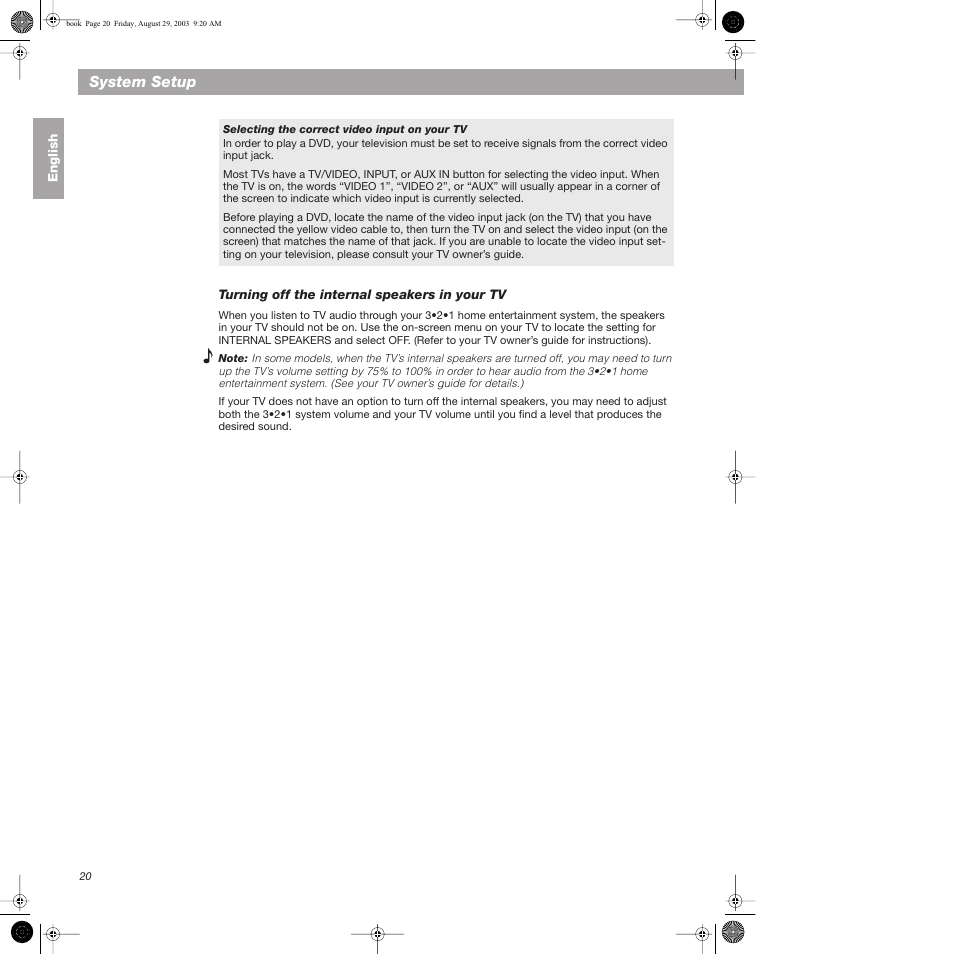 Selecting the correct video input on your tv, System setup | Bose 3•2•1  Home Entertainment Systems User Manual | Page 20 / 64