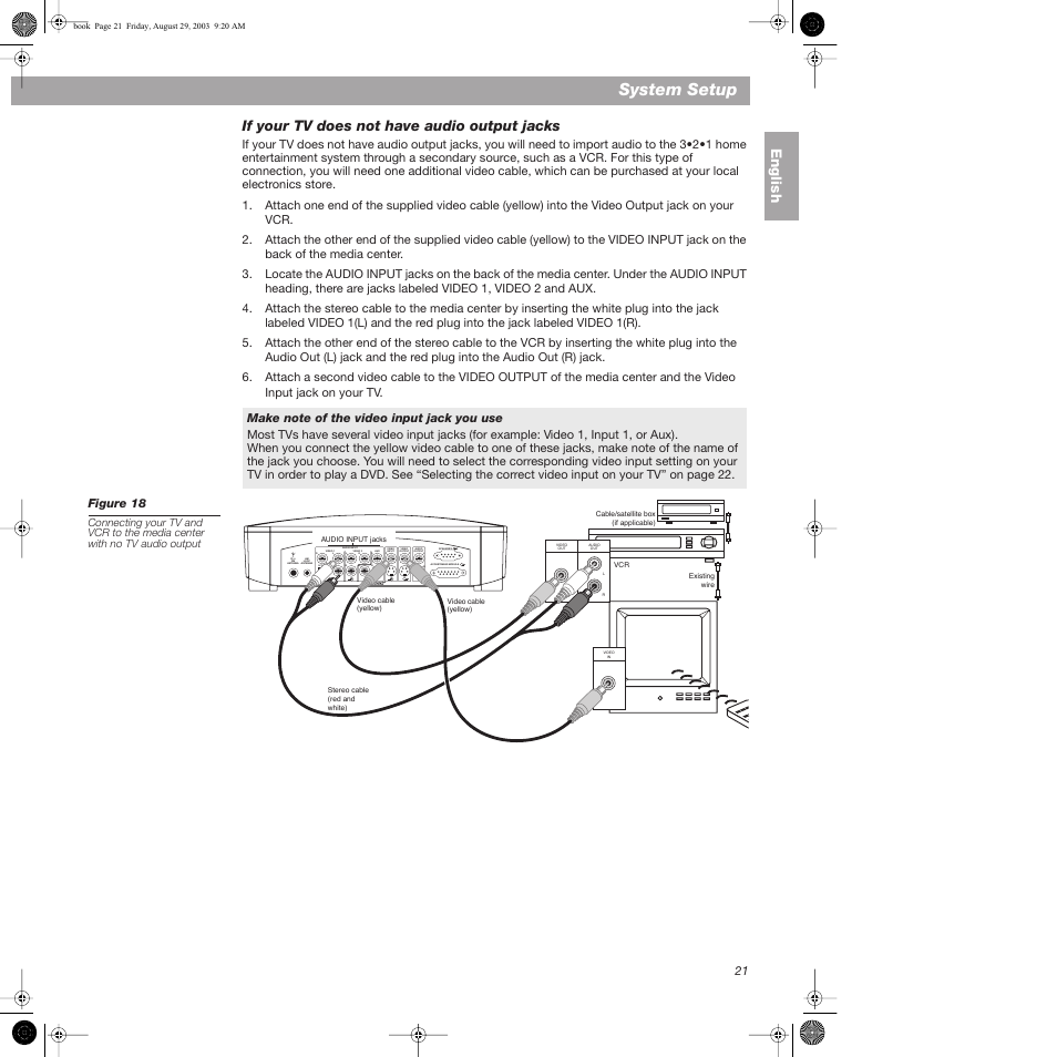 If your tv does not have audio output jacks, Make note of the video input jack you use, System setup | Optical | Bose 3•2•1  Home Entertainment Systems User Manual | Page 21 / 64