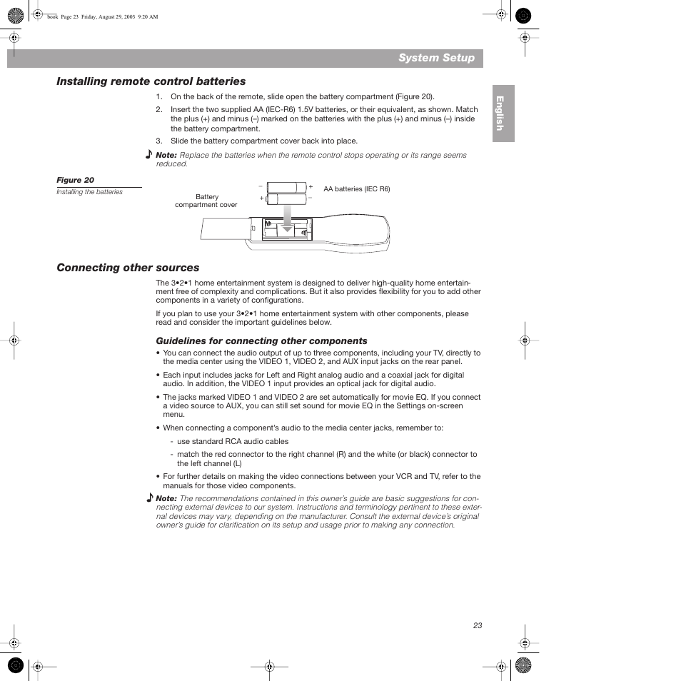 Installing remote control batteries, Connecting other sources, Guidelines for connecting other components | System setup | Bose 3•2•1  Home Entertainment Systems User Manual | Page 23 / 64