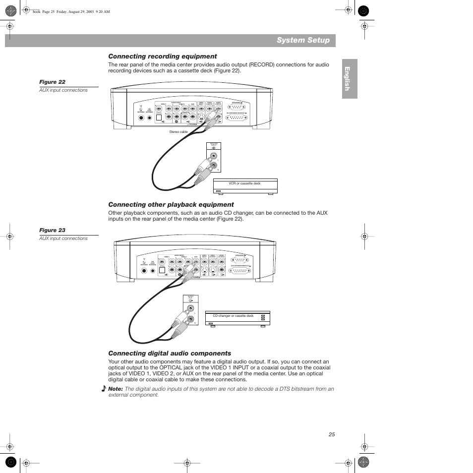 Connecting recording equipment, Connecting other playback equipment, Connecting digital audio components | System setup, English connecting recording equipment, Aux input connections | Bose 3•2•1  Home Entertainment Systems User Manual | Page 25 / 64