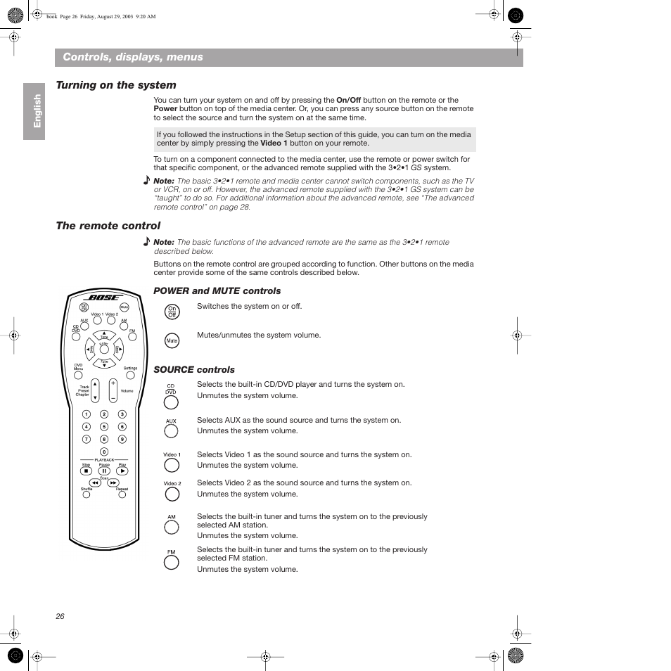 Controls, displays, menus, Turning on the system, The remote control | Power and mute controls, Source controls, Turning on the system the remote control, Power and mute controls source controls, Controls, displays, menus turning on the system | Bose 3•2•1 Home Entertainment Systems User Manual | Page 26 / 64