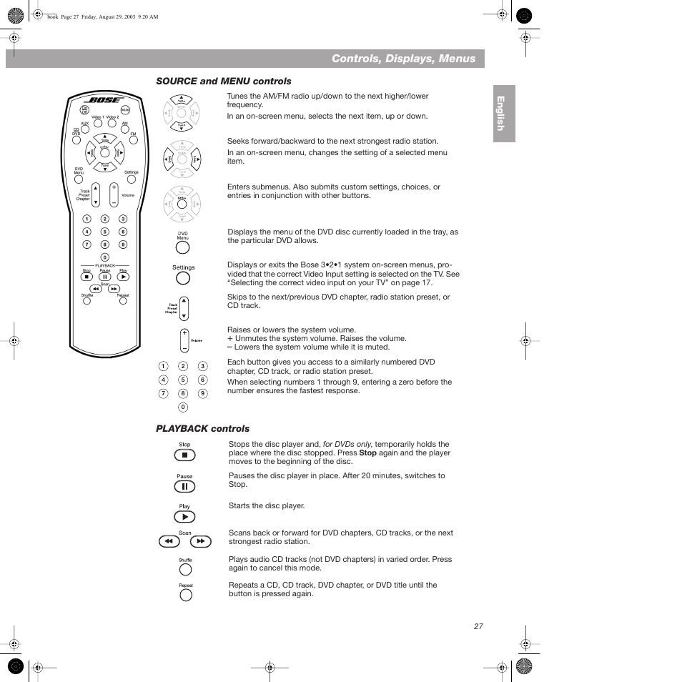 Source and menu controls, Playback controls, Controls, displays, menus | Bose 3•2•1  Home Entertainment Systems User Manual | Page 27 / 64