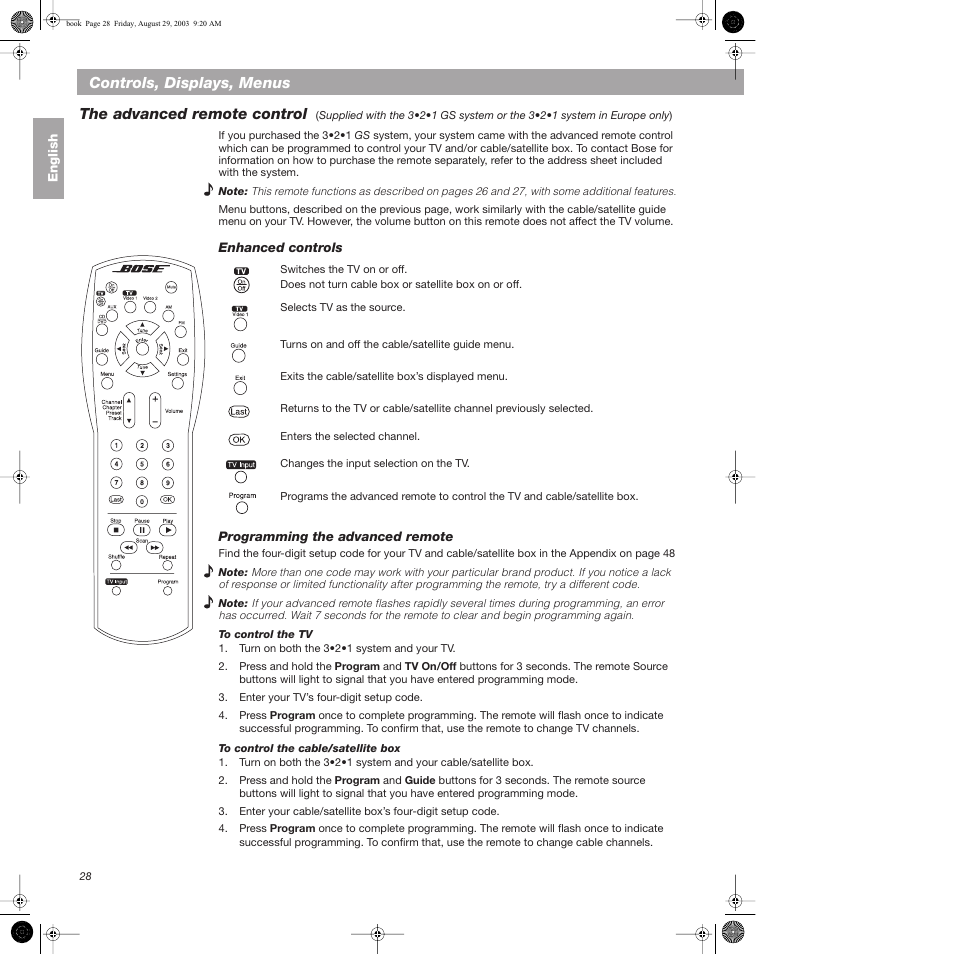 The advanced remote control, Enhanced controls, Programming the advanced remote | To control the tv, To control the cable/satellite box, Enhanced controls programming the advanced remote, Controls, displays, menus | Bose 3•2•1  Home Entertainment Systems User Manual | Page 28 / 64