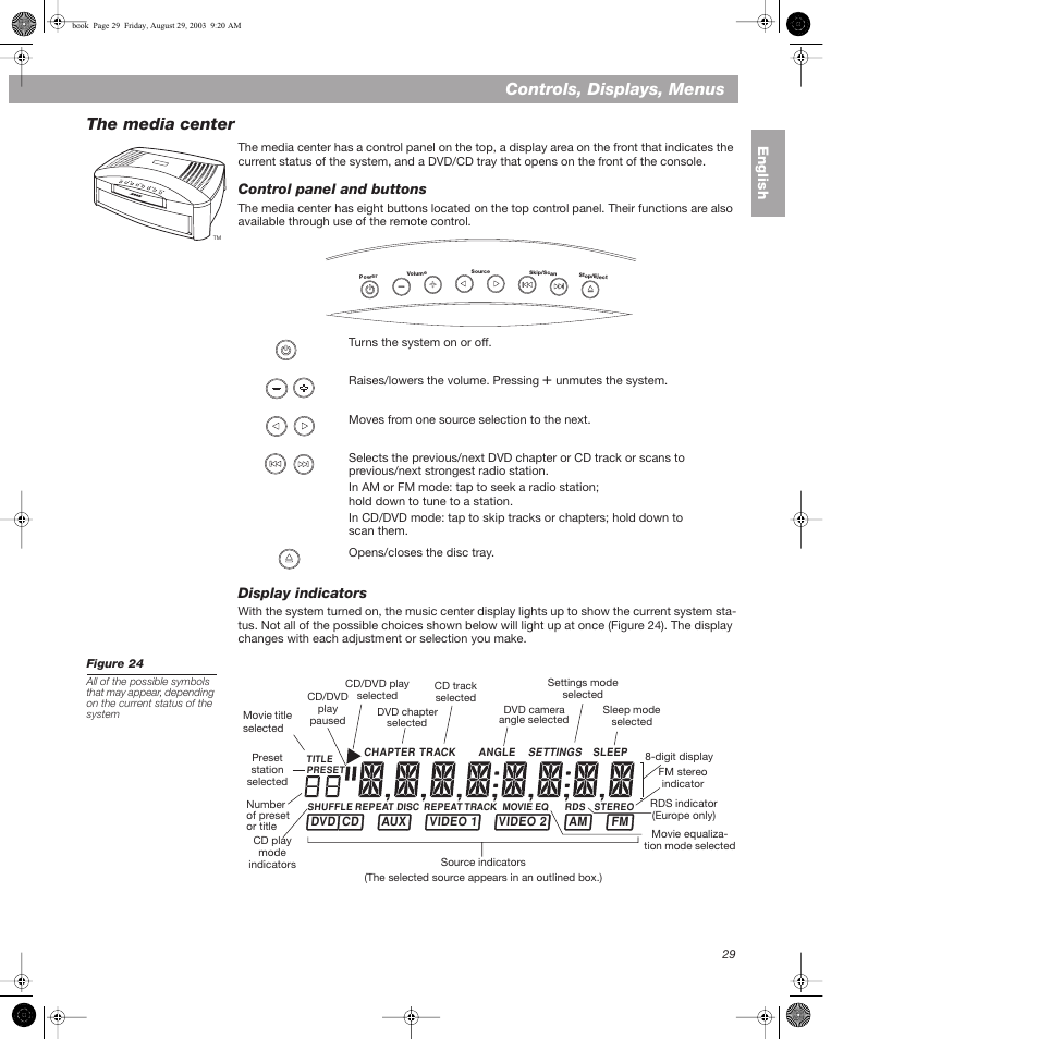 The media center, Control panel and buttons, Display indicators | Control panel and buttons display indicators, Controls, displays, menus | Bose 3•2•1  Home Entertainment Systems User Manual | Page 29 / 64