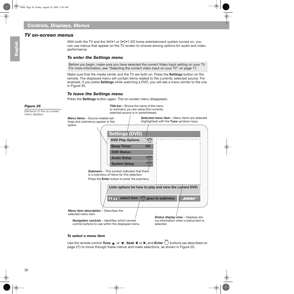 Tv on-screen menus, To enter the settings menu, To leave the settings menu | To select a menu item, Controls, displays, menus, Settings (dvd) | Bose 3•2•1  Home Entertainment Systems User Manual | Page 30 / 64