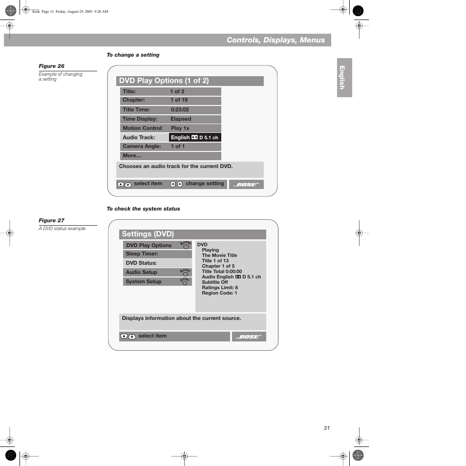 To change a setting, To check the system status, Controls, displays, menus | Dvd play options (1 of 2), Settings (dvd) | Bose 3•2•1  Home Entertainment Systems User Manual | Page 31 / 64