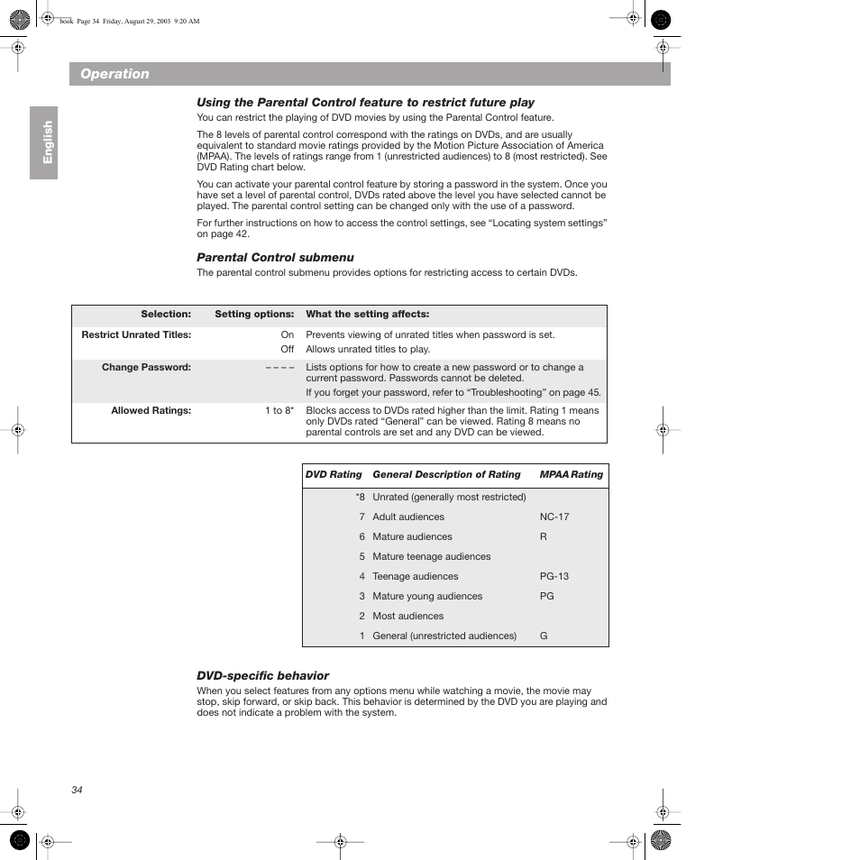 Parental control submenu, Dvd-specific behavior, Operation | Bose 3•2•1  Home Entertainment Systems User Manual | Page 34 / 64