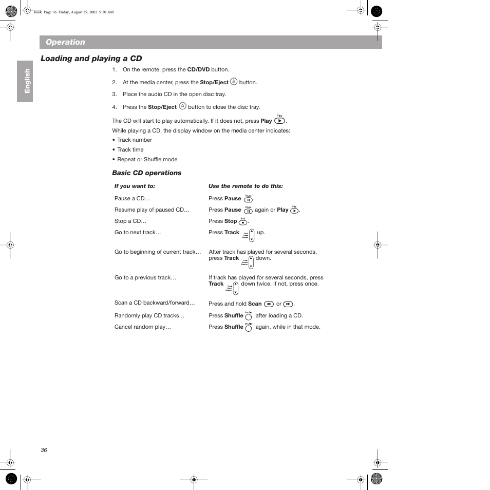 Loading and playing a cd, Basic cd operations, Operation | Bose 3•2•1  Home Entertainment Systems User Manual | Page 36 / 64
