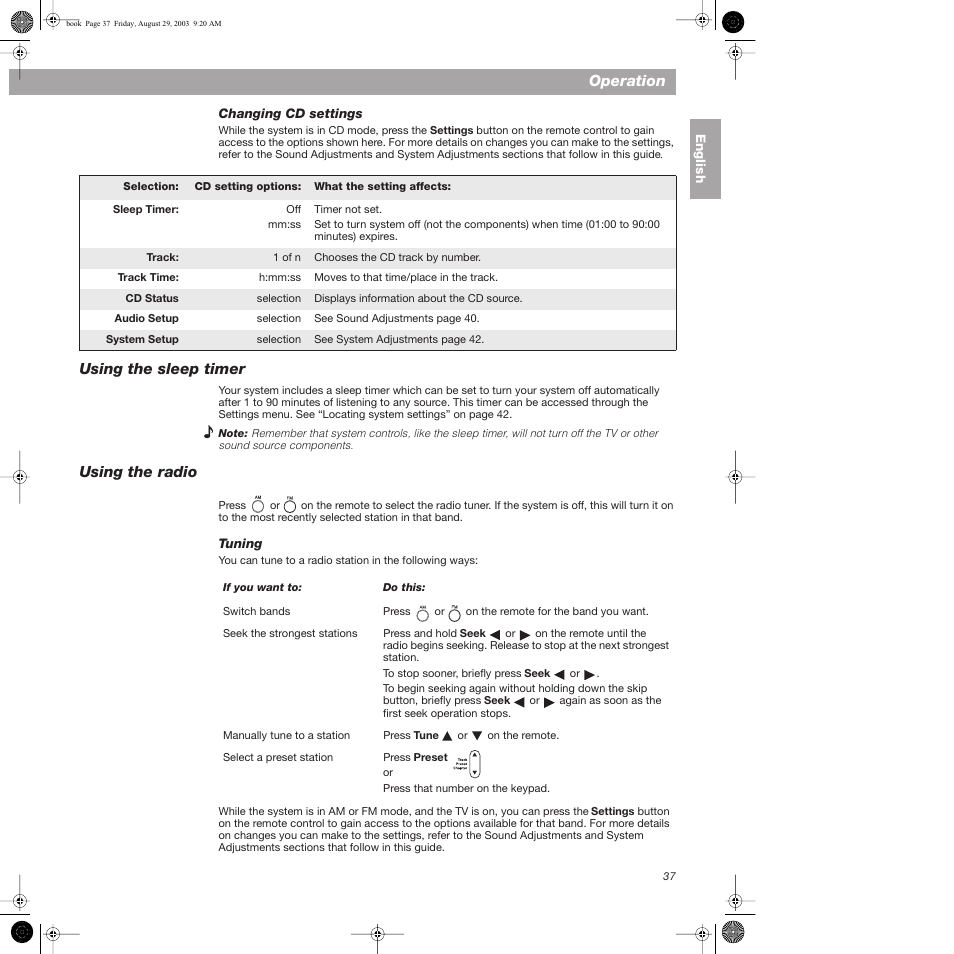 Changing cd settings, Using the sleep timer, Using the radio | Tuning, Using the sleep timer using the radio, Operation | Bose 3•2•1  Home Entertainment Systems User Manual | Page 37 / 64