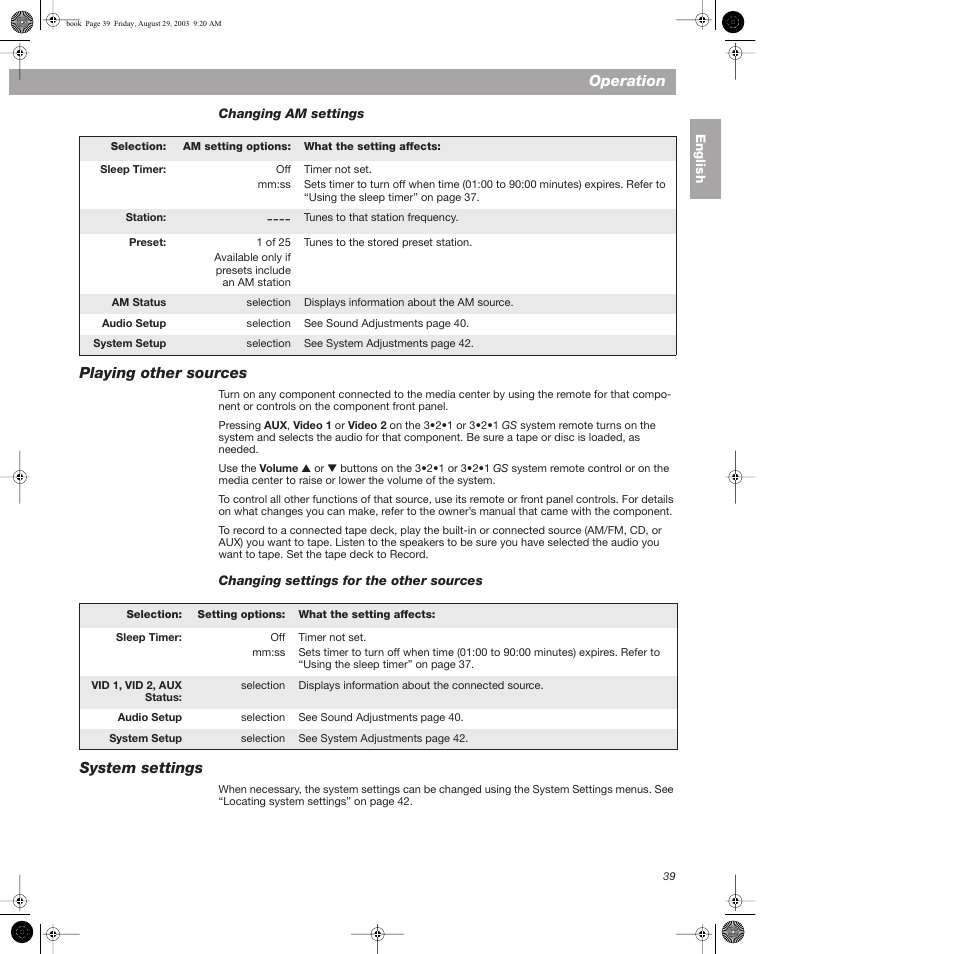 Changing am settings, Playing other sources, Changing settings for the other sources | System settings, Operation | Bose 3•2•1  Home Entertainment Systems User Manual | Page 39 / 64