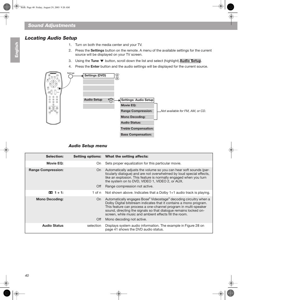 Sound adjustments, Locating audio setup, Audio setup menu | Sound adjustments locating audio setup | Bose 3•2•1  Home Entertainment Systems User Manual | Page 40 / 64