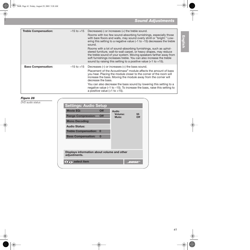 Sound adjustments, Settings: audio setup | Bose 3•2•1  Home Entertainment Systems User Manual | Page 41 / 64
