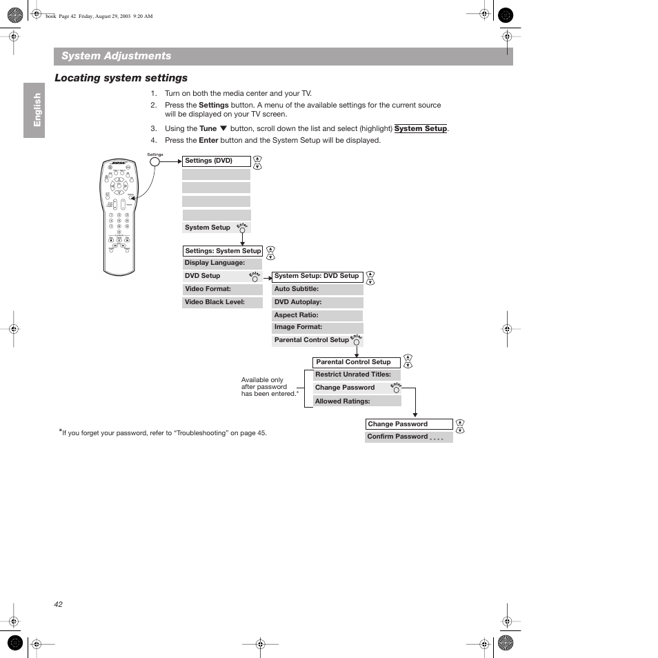 Locating system settings, System adjustments locating system settings | Bose 3•2•1  Home Entertainment Systems User Manual | Page 42 / 64