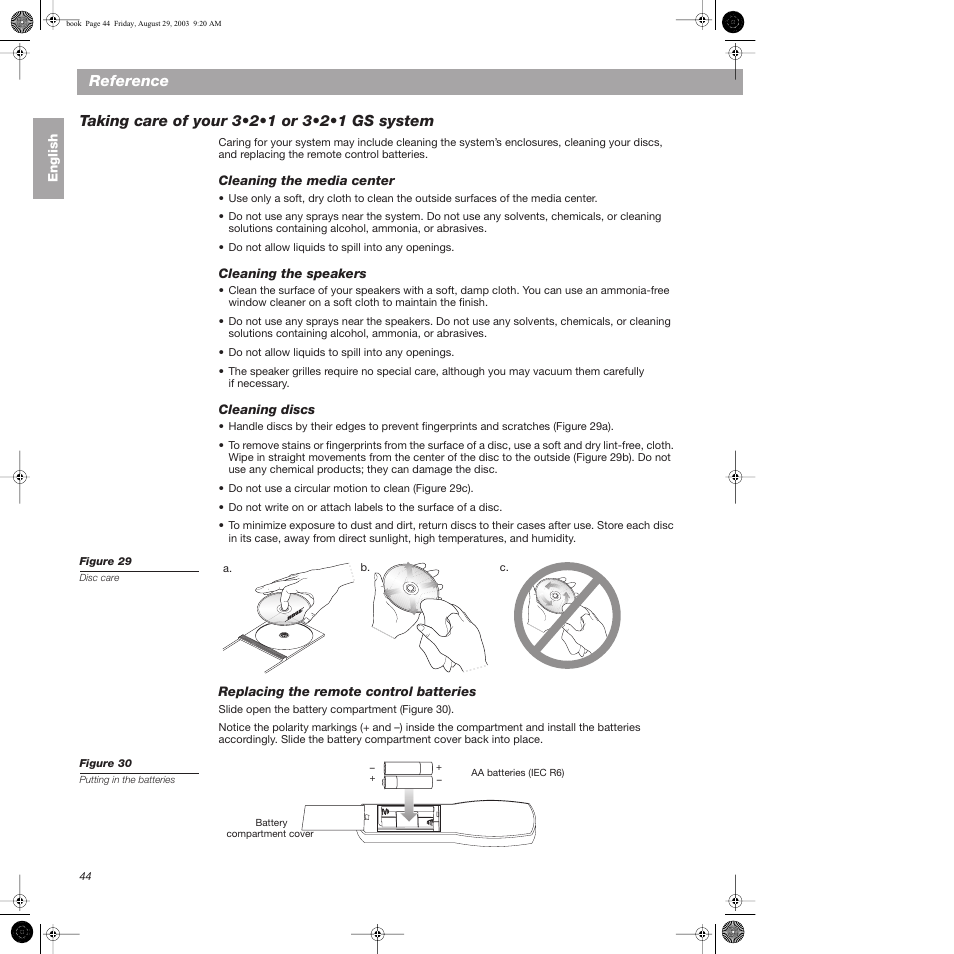 Reference, Taking care of your 3.2.1 or 3.2.1 gs system, Cleaning the media center | Cleaning the speakers, Cleaning discs, Replacing the remote control batteries, Taking care of your 3•2•1 or 3•2•1 | Bose 3•2•1  Home Entertainment Systems User Manual | Page 44 / 64