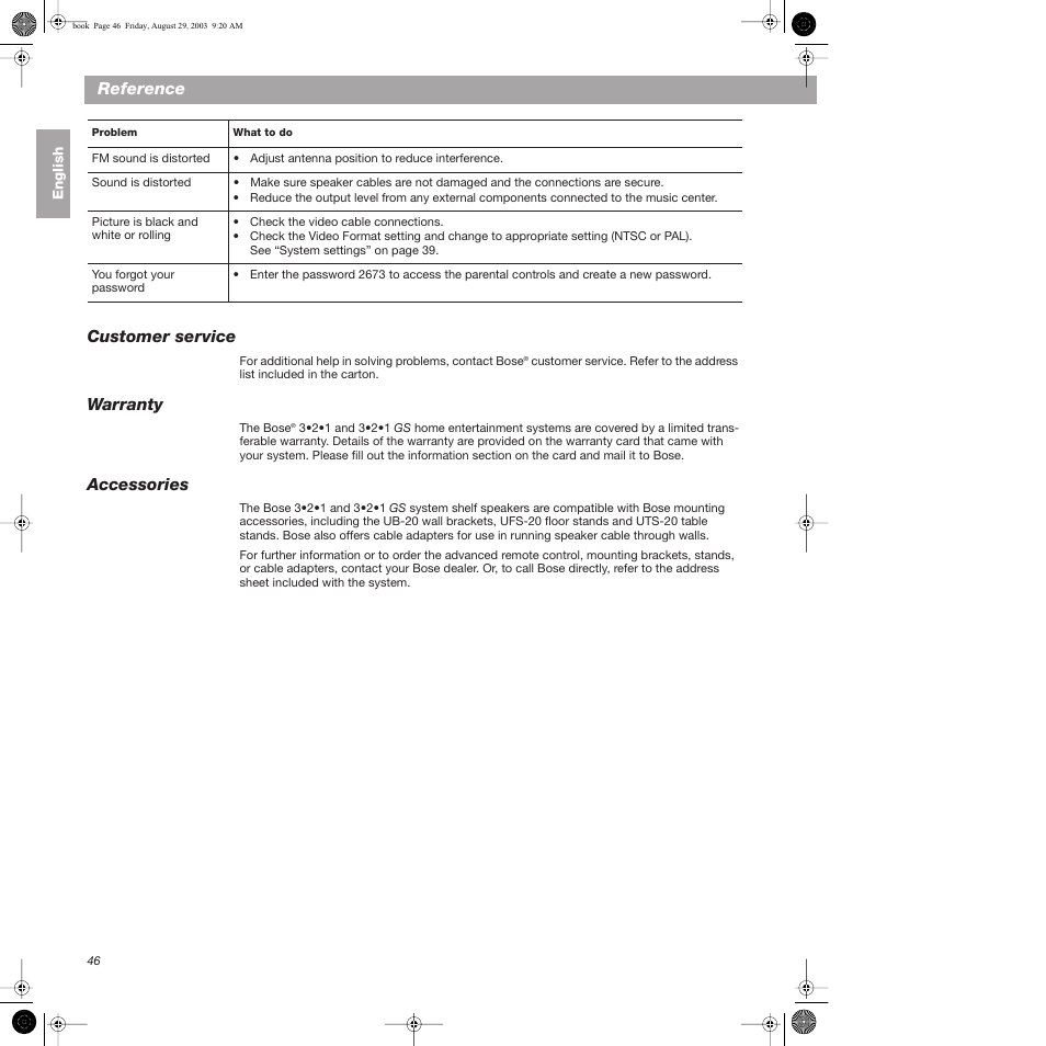 Customer service, Warranty, Accessories | Customer service warranty accessories, Reference | Bose 3•2•1  Home Entertainment Systems User Manual | Page 46 / 64