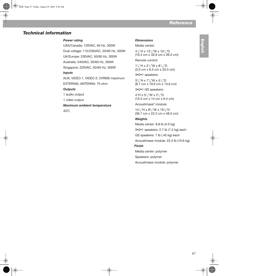 Technical information, Reference | Bose 3•2•1  Home Entertainment Systems User Manual | Page 47 / 64