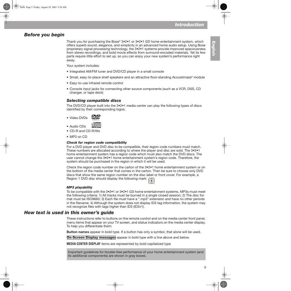 Before you begin, Selecting compatible discs, Check for region code compatibility | Mp3 playability, How text is used in this owner’s guide, Introduction, How text is used in this owner ’s guide | Bose 3•2•1  Home Entertainment Systems User Manual | Page 5 / 64