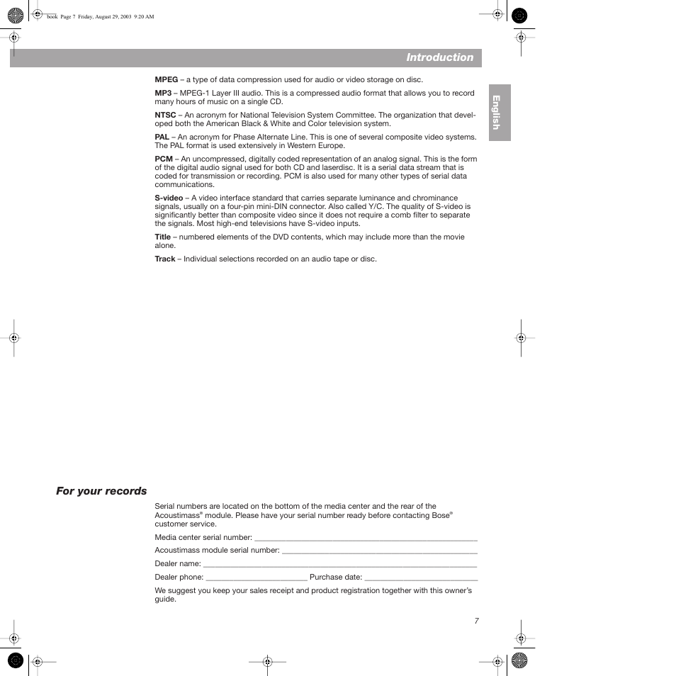 For your records, Introduction | Bose 3•2•1  Home Entertainment Systems User Manual | Page 7 / 64