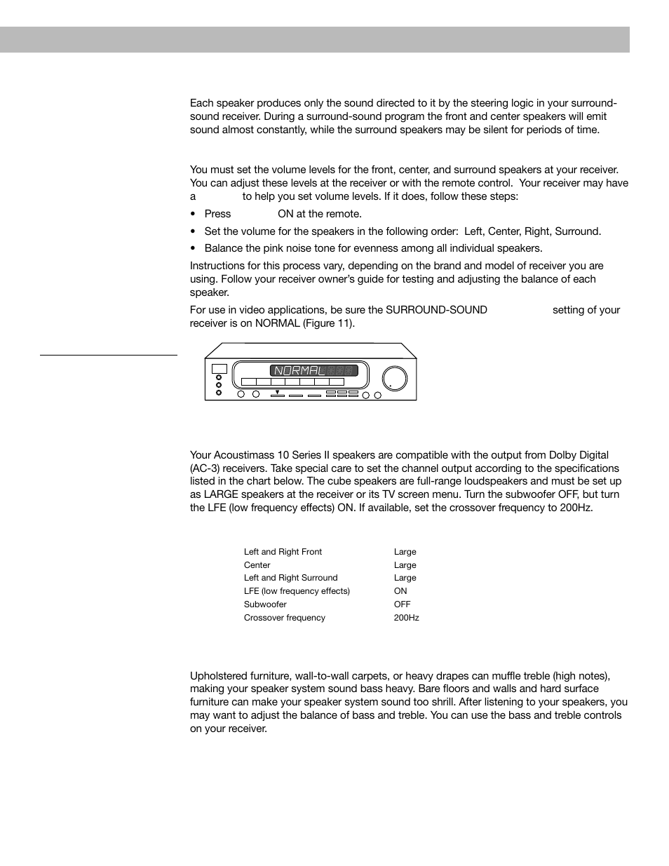 For realistic home theater sound, English using your acoustimass, 10 series ii speaker system | Setting your dolby pro-logic receiver, Setting your dolby digital (ac-3) receiver, Bass and treble adjustments, Speaker setting at receiver | Bose VCS 10 Series II User Manual | Page 15 / 21