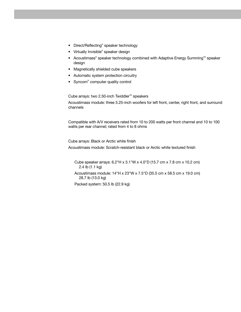 Technical information, English product information, Features | Speaker driver complement, Connectivity, Finish, Size/weight | Bose VCS 10 Series II User Manual | Page 18 / 21