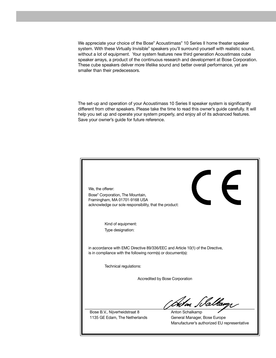 Declaration of conformity, Important information, English | Introduction, Please read this owner’s guide | Bose VCS 10 Series II User Manual | Page 2 / 21