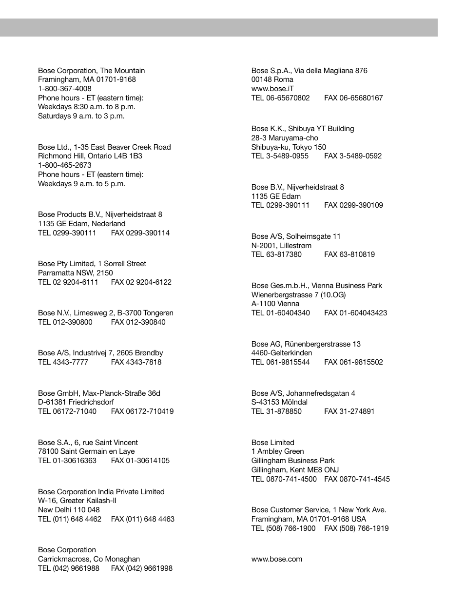 Italia, Japan, Nederland | Norge, Österreich, Schweiz, Sverige, United kingdom, World wide web, Canada | Bose VCS 10 Series II User Manual | Page 20 / 21