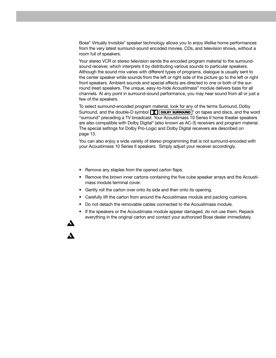 Before you begin, Unpacking the carton | Bose VCS 10 Series II User Manual | Page 6 / 21