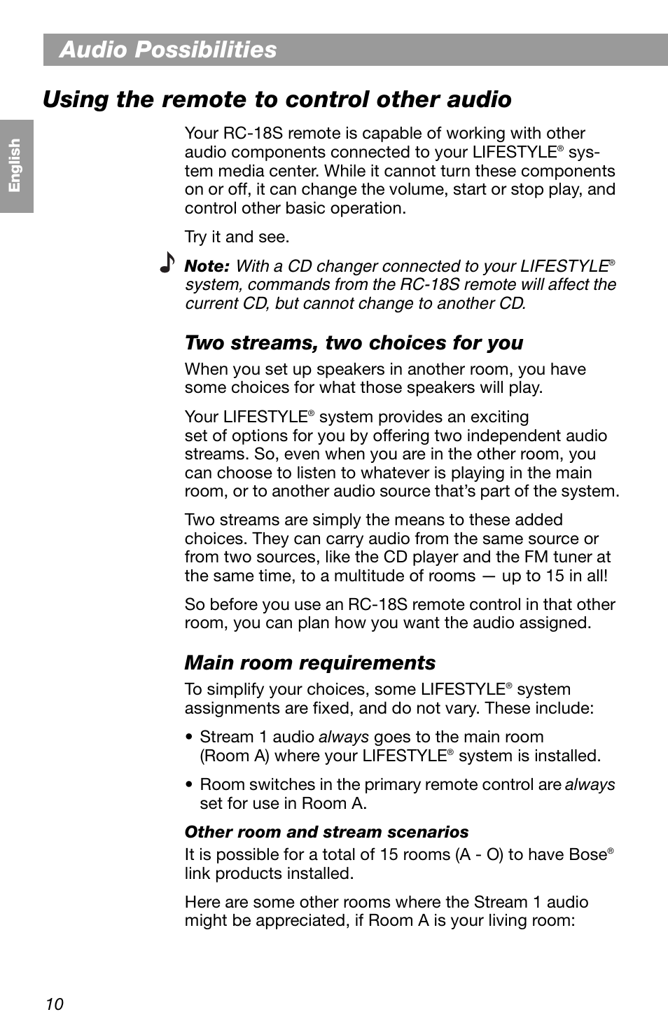 Audio possibilities, Using the remote to control other audio, Two streams, two choices for you | Main room requirements | Bose LIFESTYLE RC-18S User Manual | Page 10 / 20