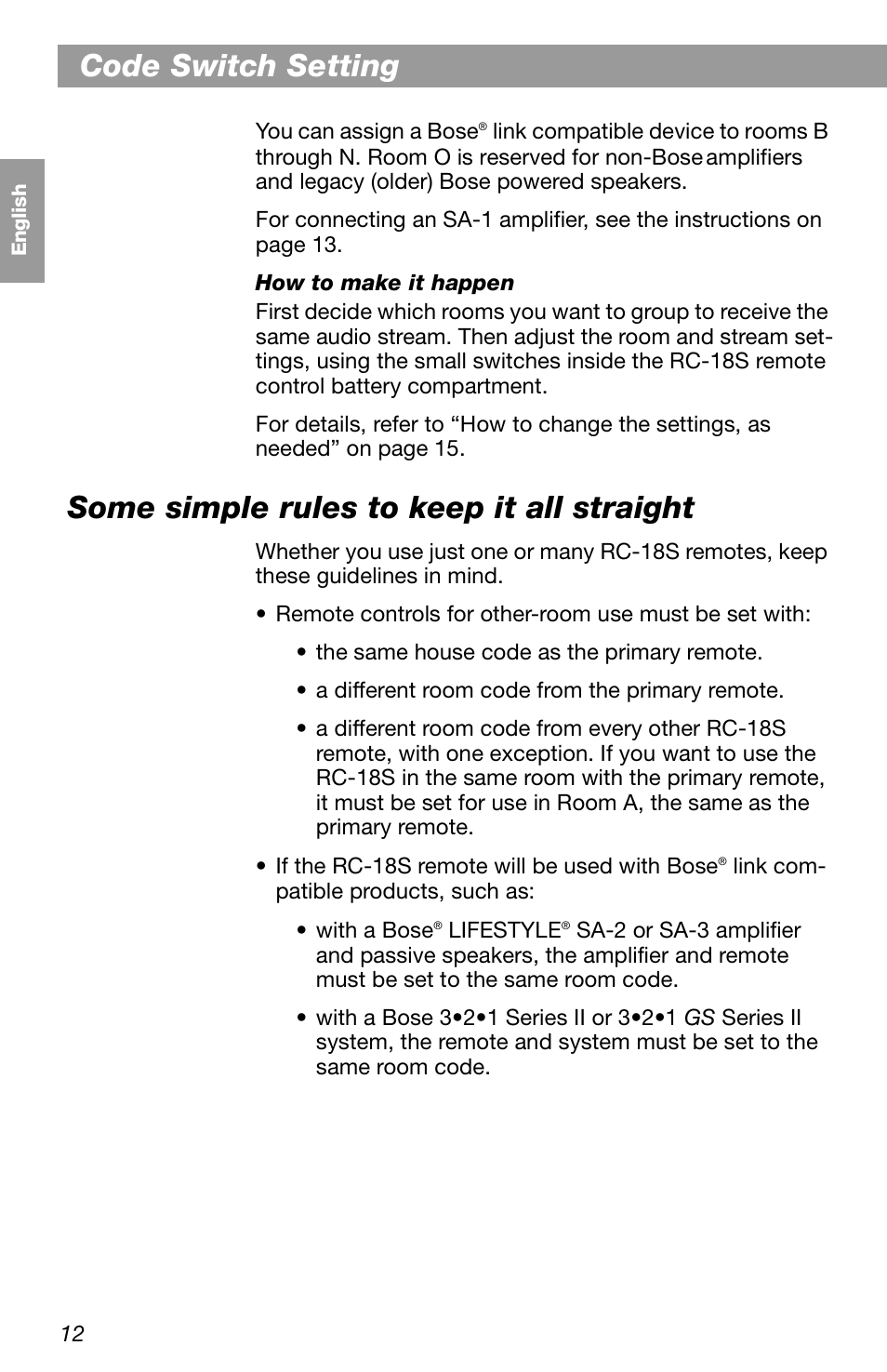 Code switch setting, Some simple rules to keep it all straight | Bose LIFESTYLE RC-18S User Manual | Page 12 / 20