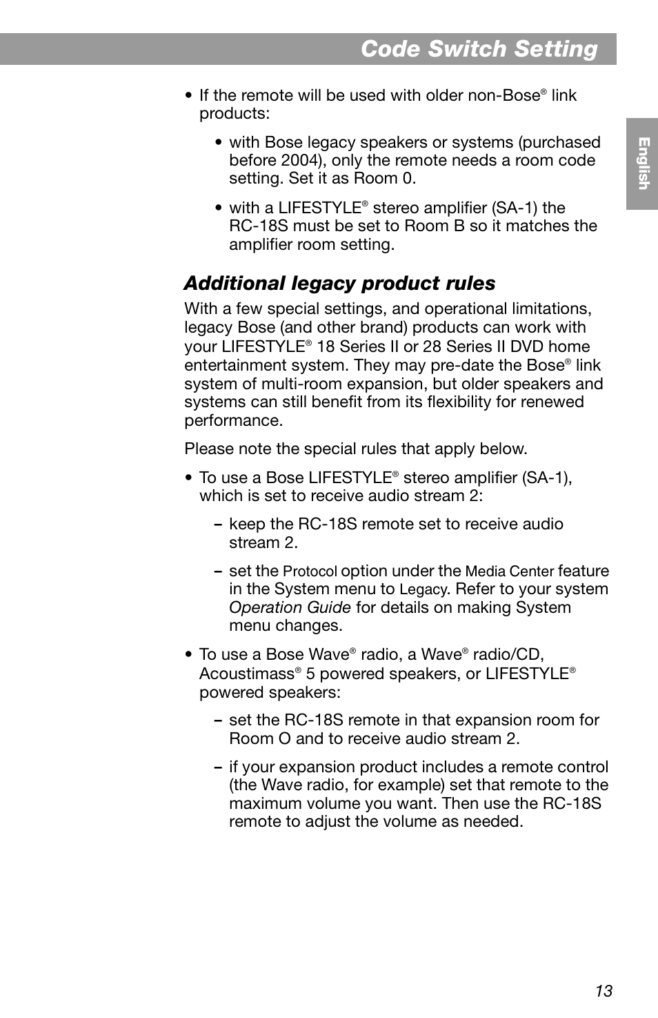 Code switch setting, Additional legacy product rules | Bose LIFESTYLE RC-18S User Manual | Page 13 / 20