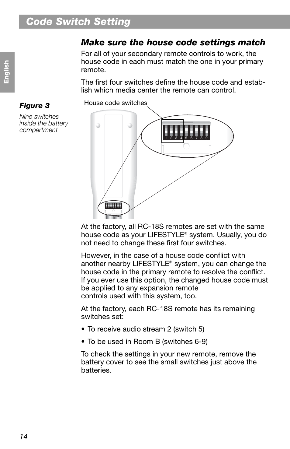 Code switch setting, Make sure the house code settings match | Bose LIFESTYLE RC-18S User Manual | Page 14 / 20