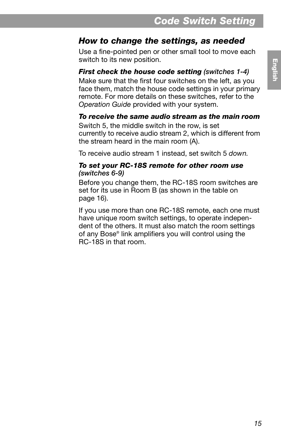 Code switch setting, How to change the settings, as needed | Bose LIFESTYLE RC-18S User Manual | Page 15 / 20