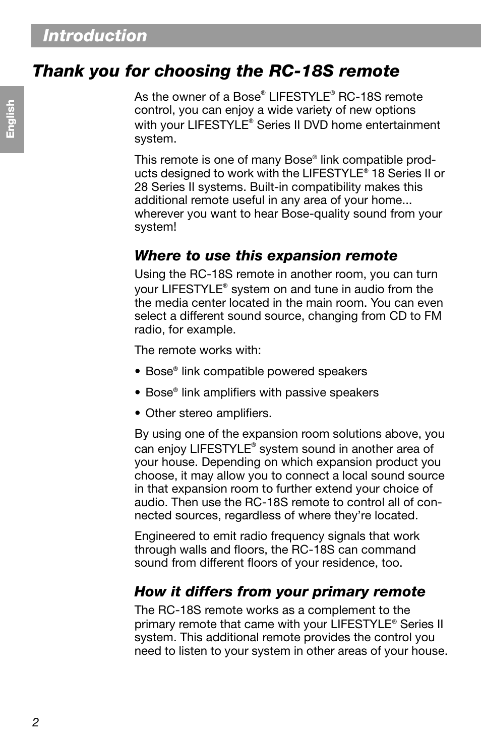 Introduction, Where to use this expansion remote, How it differs from your primary remote | Bose LIFESTYLE RC-18S User Manual | Page 2 / 20