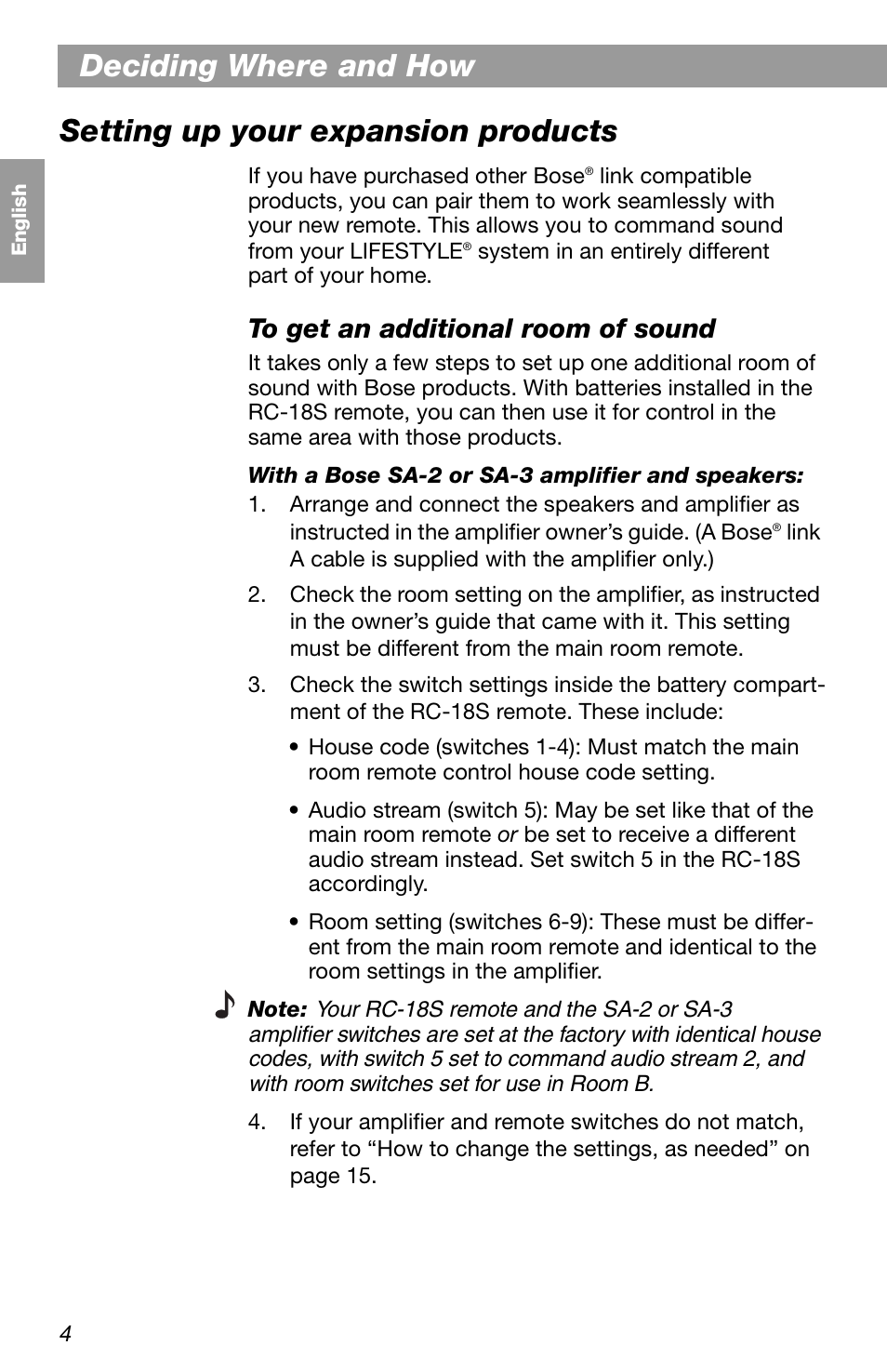 Deciding where and how, Setting up your expansion products | Bose LIFESTYLE RC-18S User Manual | Page 4 / 20