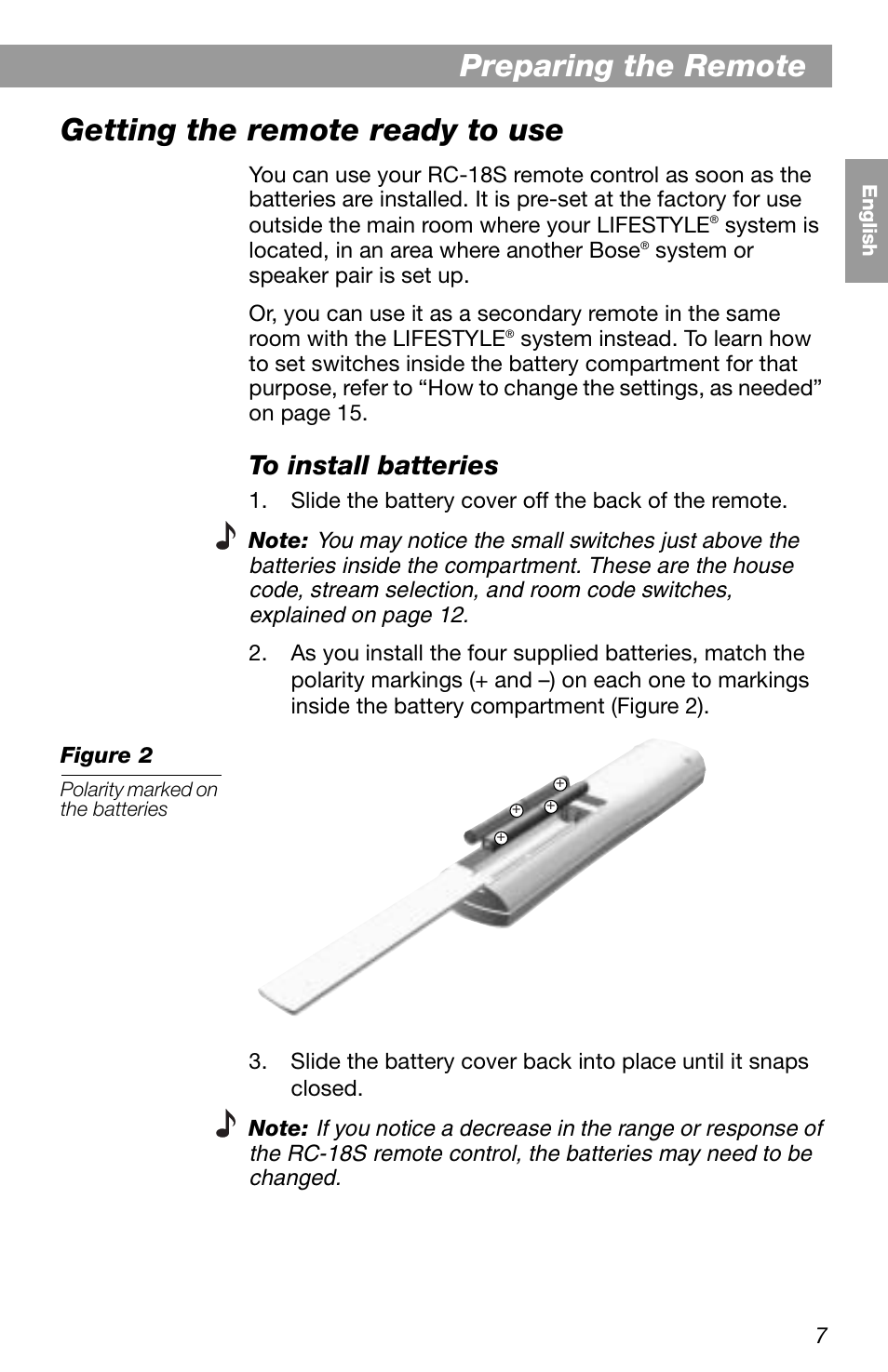 Preparing the remote, Getting the remote ready to use | Bose LIFESTYLE RC-18S User Manual | Page 7 / 20