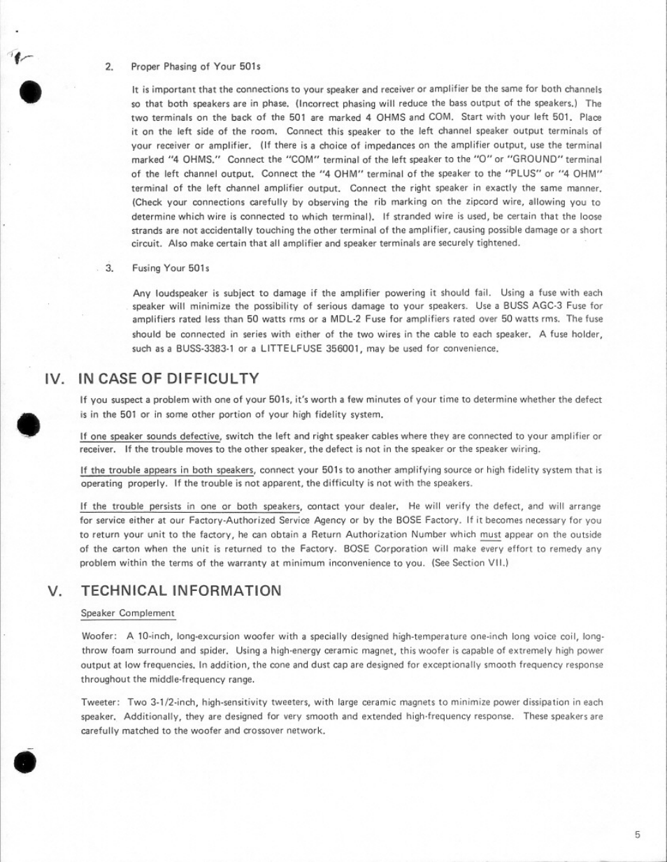 Iv. in case of difficulty, V. technical information | Bose 501s User Manual | Page 5 / 8
