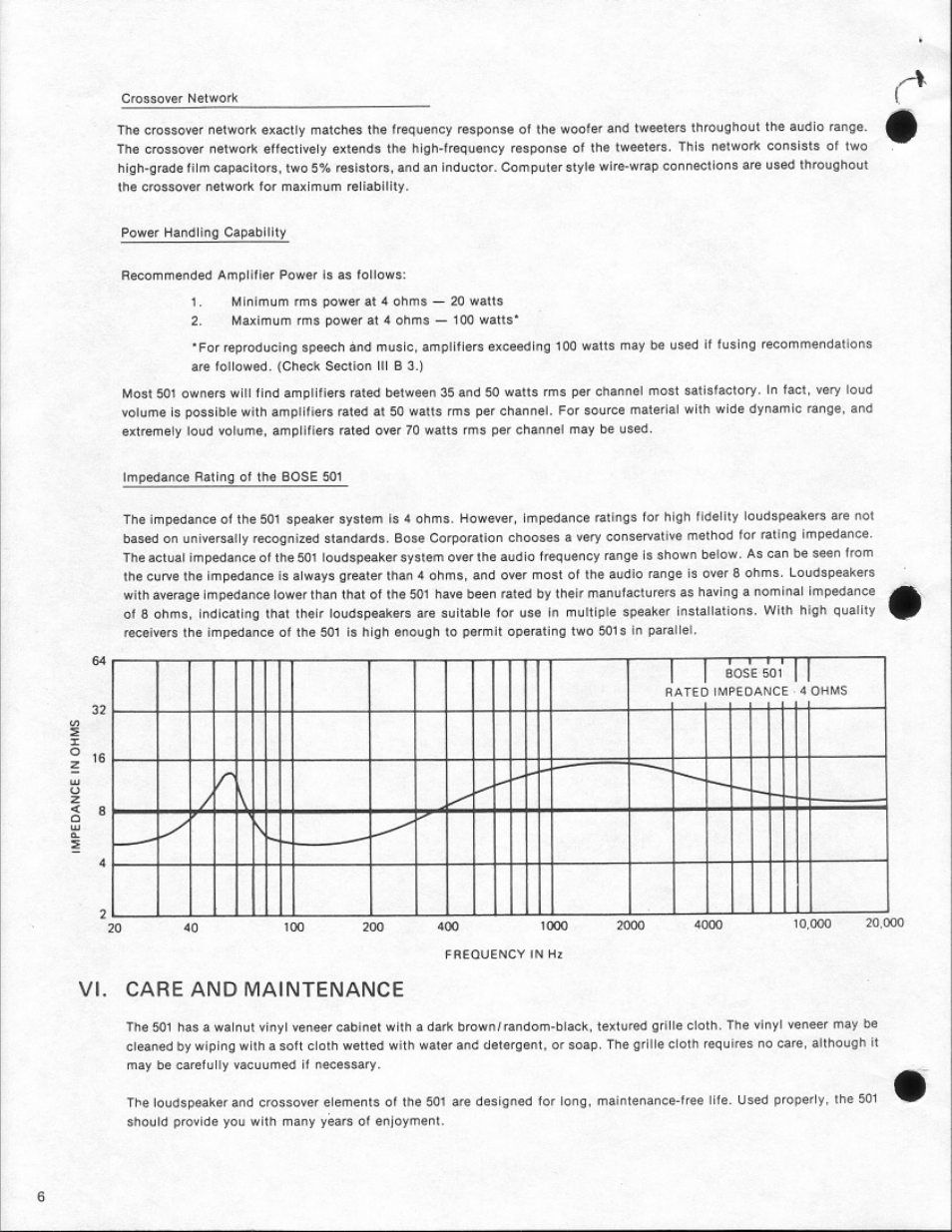 Vi. care and maintenance | Bose 501s User Manual | Page 6 / 8