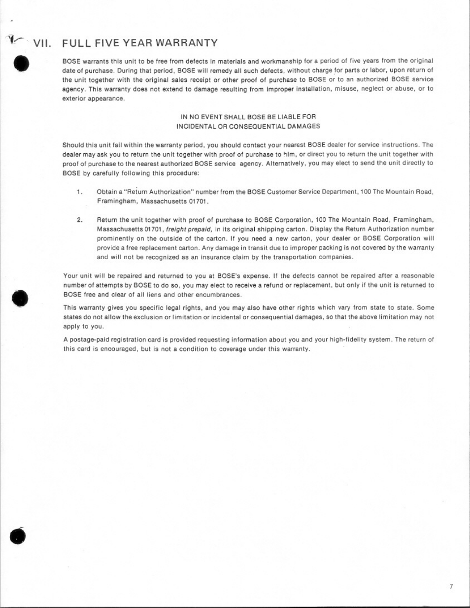 Vii. full five year warranty | Bose 501s User Manual | Page 7 / 8