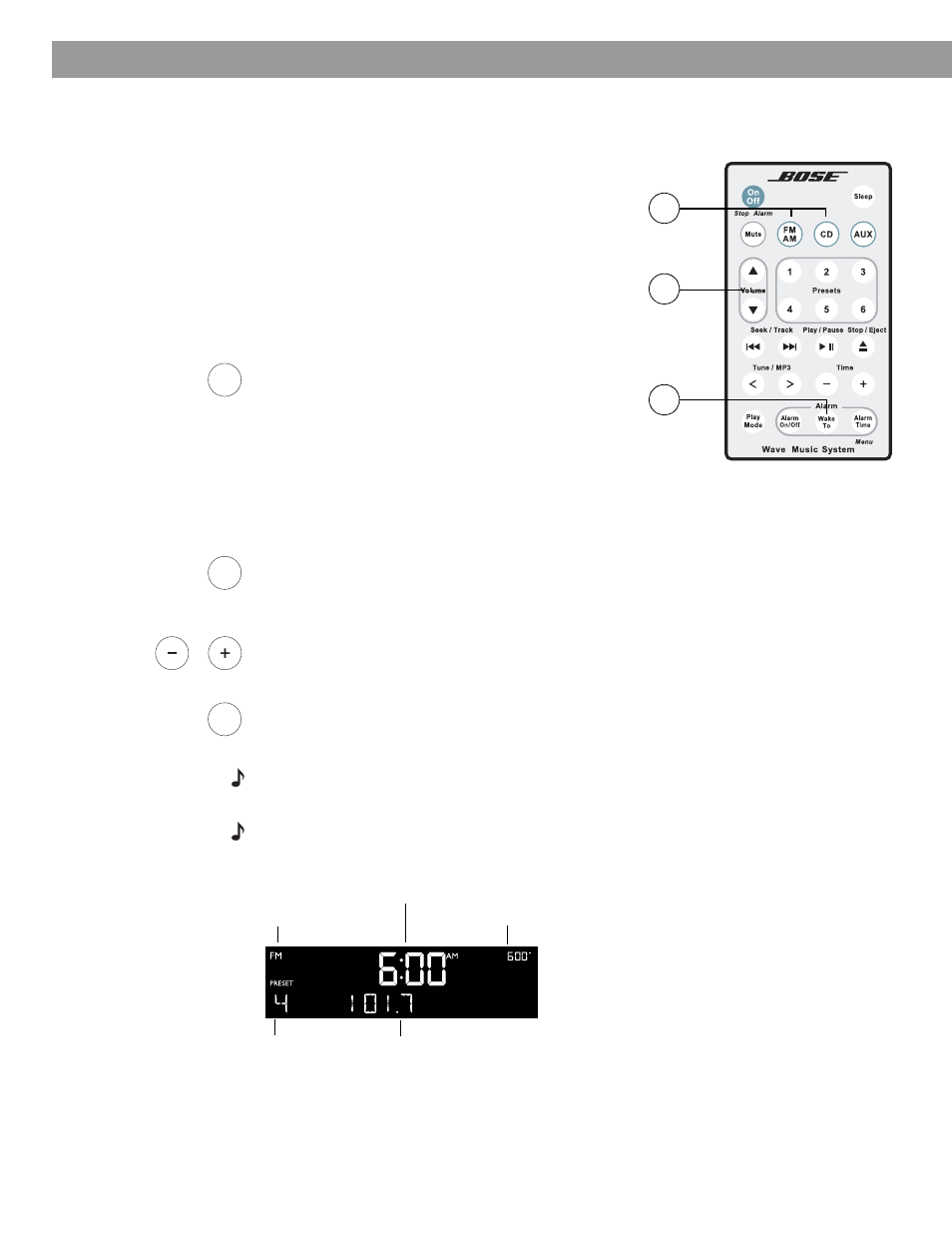 Setting and using the alarm setting the alarm, Waking to a radio station or cd, Setting the alarm time | Bose Wave Music System User Manual | Page 16 / 32