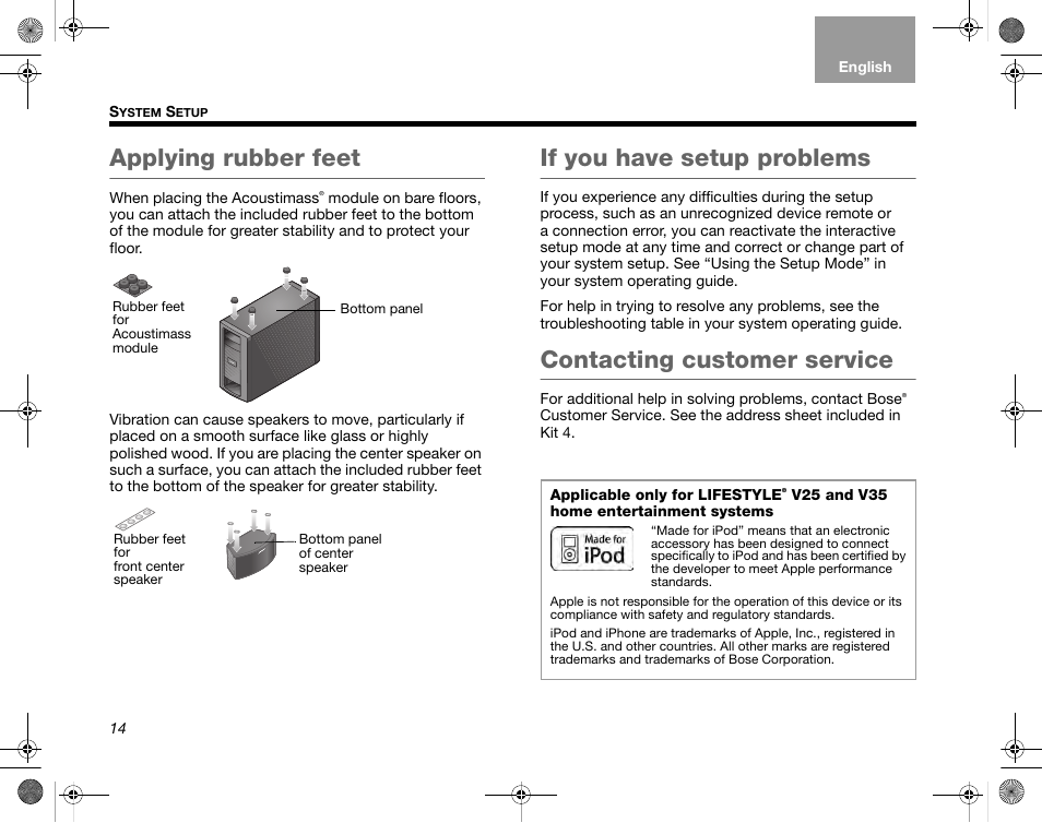 Applying rubber feet, If you have setup problems, Contacting customer service | Bose LIFESTYLE AM324443 User Manual | Page 16 / 18