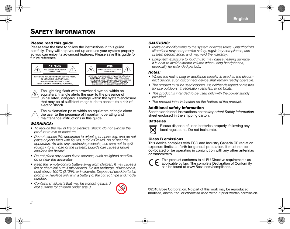 Eng setup, Afety, Nformation | Bose LIFESTYLE AM324443 User Manual | Page 2 / 18