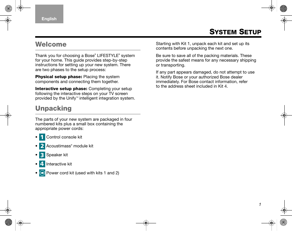 Welcome, Unpacking, Ystem | Etup | Bose LIFESTYLE AM324443 User Manual | Page 3 / 18