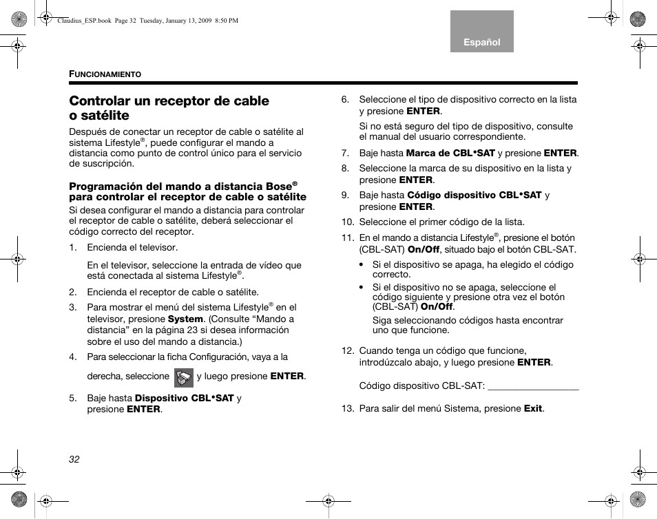 Controlar un receptor de cable o satélite, Programación del mando a distancia bose, Controlar un receptor de cable o satélite” en la | Bose Lifestyle V30 User Manual | Page 104 / 208