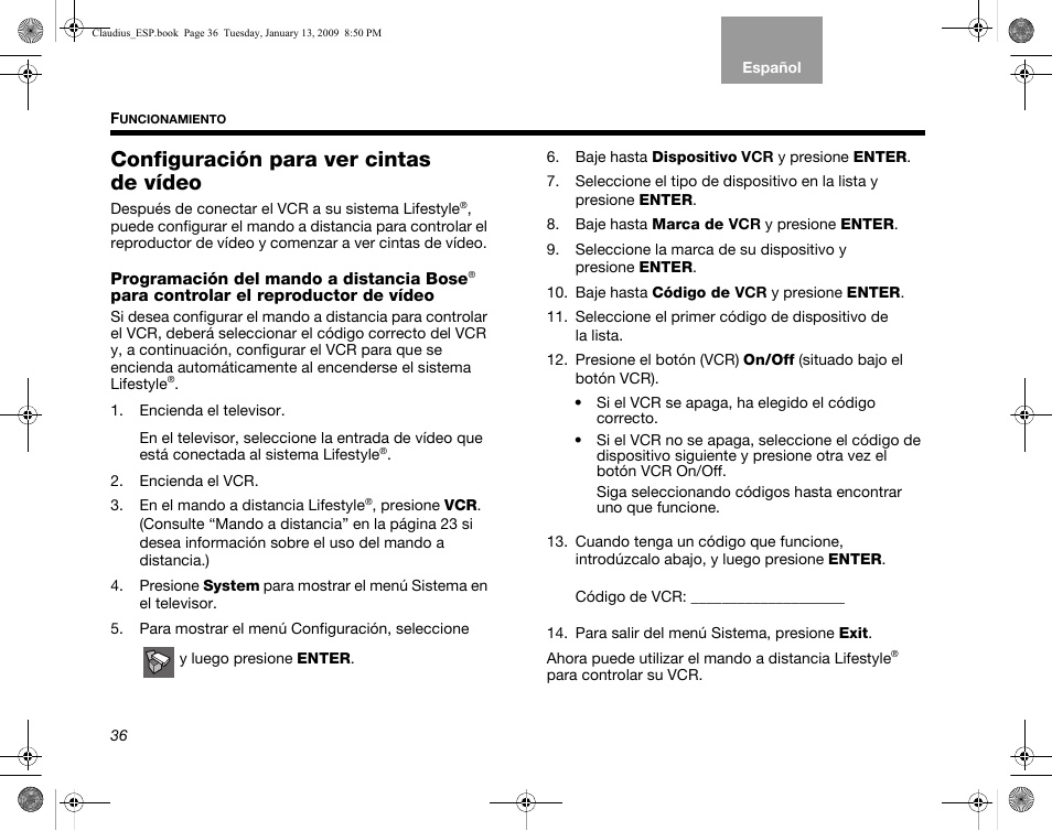 Configuración para ver cintas de vídeo, Programación del mando a distancia bose, Configuración para ver cintas de vídeo” en la | Bose Lifestyle V30 User Manual | Page 108 / 208