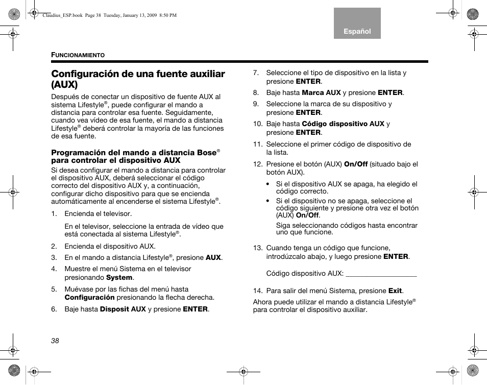 Configuración de una fuente auxiliar (aux), Programación del mando a distancia bose, Configuración de una fuente auxiliar (aux)” en la | Bose Lifestyle V30 User Manual | Page 110 / 208