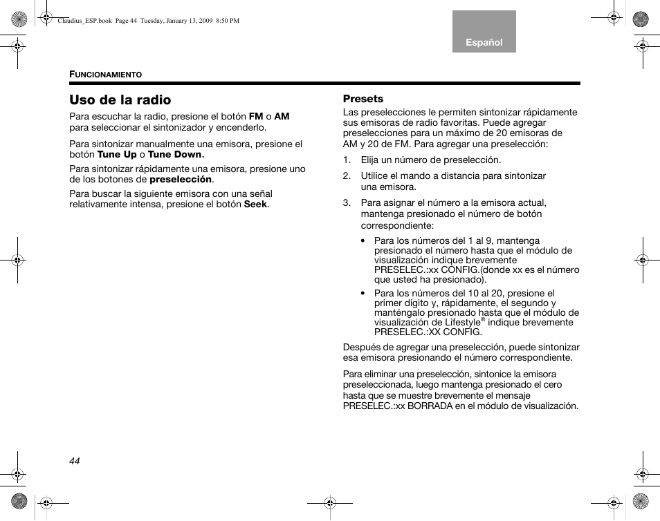 Uso de la radio, Presets | Bose Lifestyle V30 User Manual | Page 116 / 208