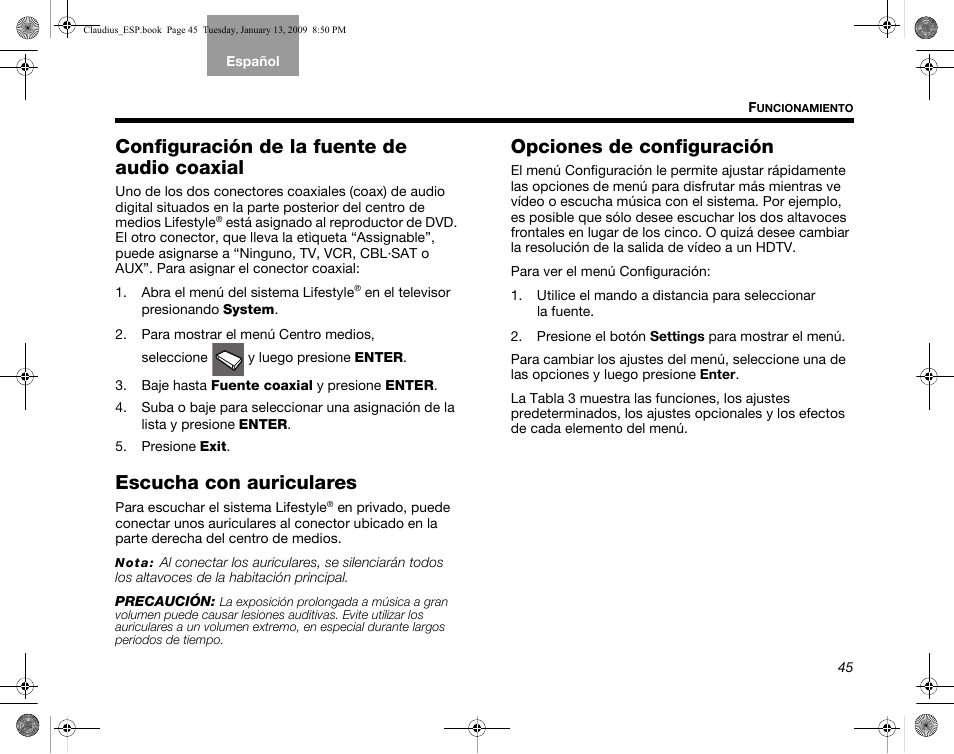 Configuración de la fuente de audio coaxial, Escucha con auriculares, Opciones de configuración | Bose Lifestyle V30 User Manual | Page 117 / 208