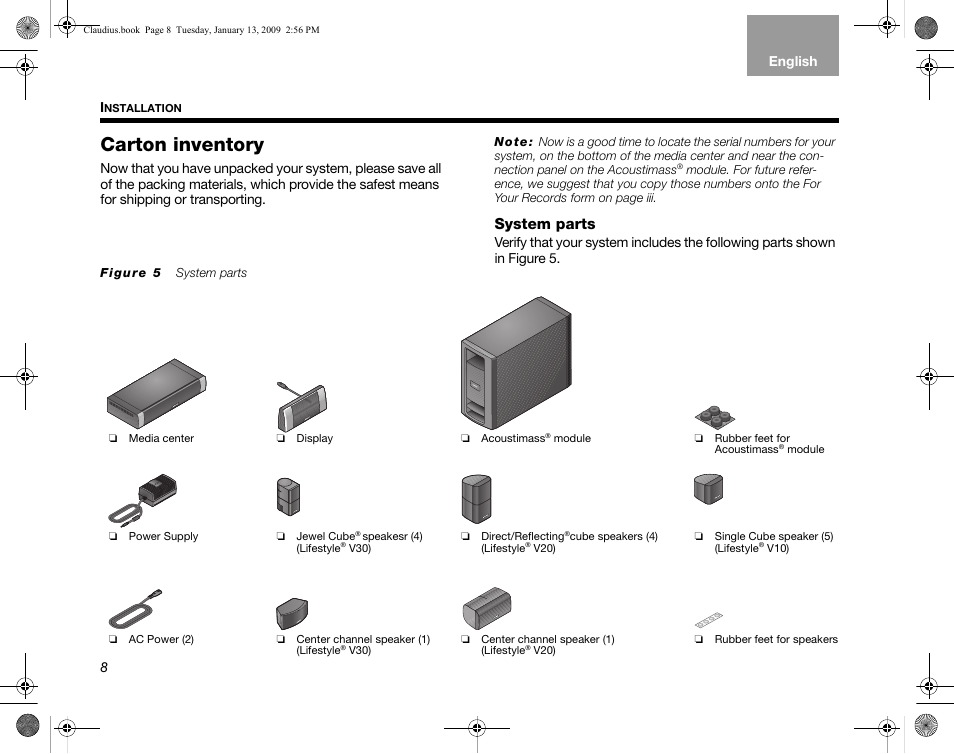 Carton inventory, System parts | Bose Lifestyle V30 User Manual | Page 12 / 208
