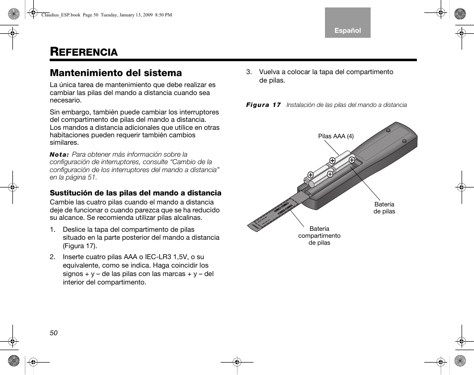 Mantenimiento del sistema, Sustitución de las pilas del mando a distancia, Eferencia | Bose Lifestyle V30 User Manual | Page 122 / 208